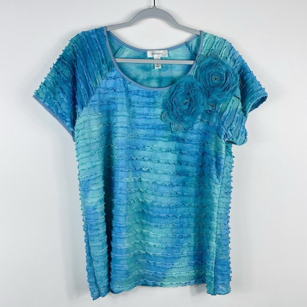 Dressbarn Top 1X Blue Green Ruffle Short Sleeve Flower Applique
